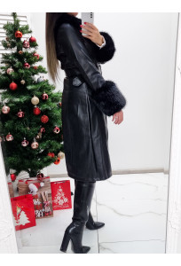 Zateplený koženkový kabát s mohutnou kožušinou Exclusive - black