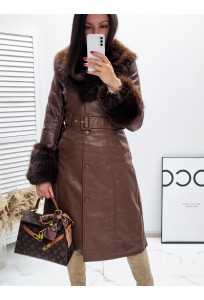 Zateplený koženkový kabát s mohutnou kožušinou Exclusive - chocolate brown