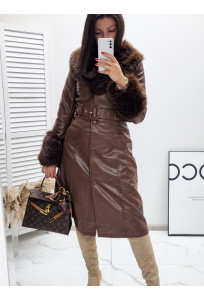 Zateplený koženkový kabát s mohutnou kožušinou Exclusive - chocolate brown