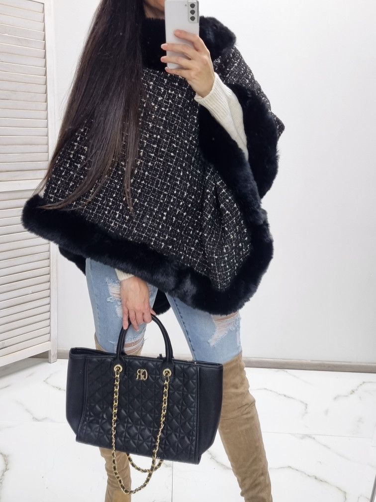 Kabátové pončo zvnútra kožušina - Island / čierne